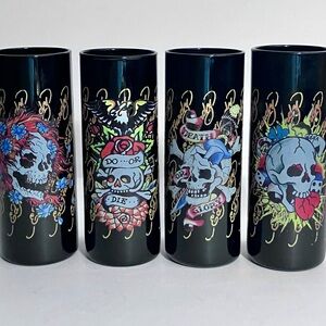 4 ED HARDY Designs SKULL SHOT GLASSES / 4 Inch Tall BLACK GLASS / Tattoo Artist